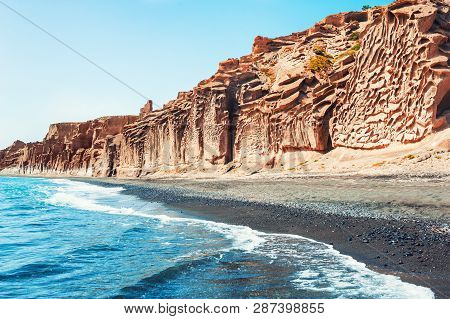 Beautiful Vlychada Beach With Volcanic Pumice Cliffs And Turquoise Water On Santorini Island, Greece