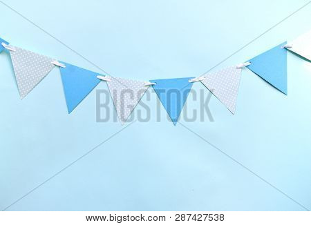 Festive Decor For Childrens Holiday To Smash The Cake, Birthday, Baby Shower Boy. Blue Triangular Fl