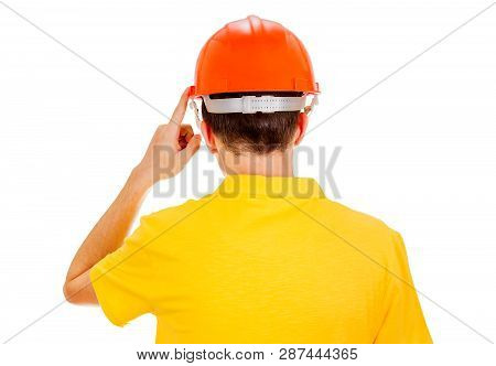 Man Rear View In Hard Hat With Finger Up On The White Background