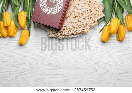Flat Lay Composition With Matzo And Torah On Wooden Background, Space For Text. Passover (pesach) Se