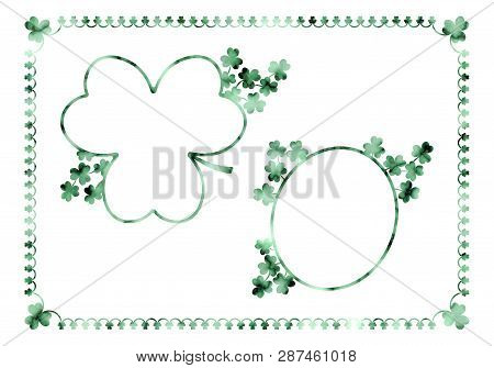 Vector Set Of Three Vintage Frames With Emerald Green Textured Shamrocks Isolated On White Backgroun