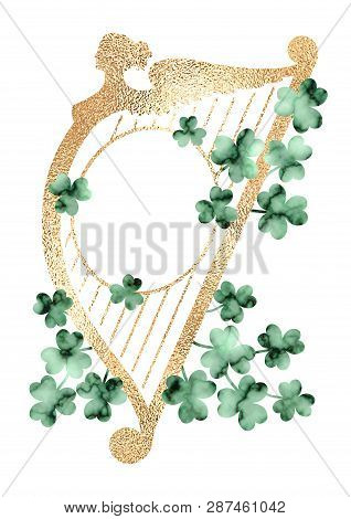 Vector Vintage Saint Patrick's Day Frame With Faux Gold Foil Textured Harp And Emerald Green Texture