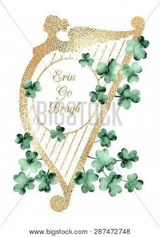 Vector Vintage Saint Patrick's Day Greeting Card, Holiday Social Media Banner With Faux Gold Foil Te
