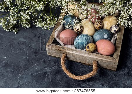 Spring Easter Minimal Background Rustic Style Composition - Organic Naturally Dyed Easter Eggs