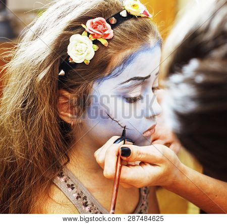 Little Cute Child Making Facepaint On Birthday Party, Zombie Apocalipse Lifestyle People Concept