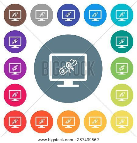 Webinar On Monitor Flat White Icons On Round Color Backgrounds. 17 Background Color Variations Are I