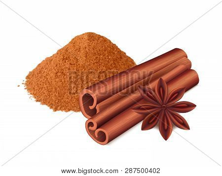 Cinnamon Food. Spice Sticks And Leaf Cooking Collection Aromatic Cinnamon Vector Realistic. Illustra