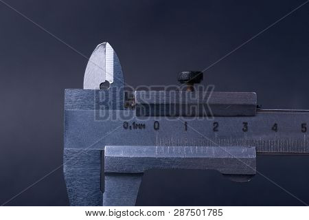 Vintage Steel Caliper Tool Closeup. Caliper Tips And Scale In Focus. Tool In Very Good Condition. Sc