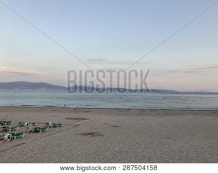 View Of The Beach And The Sea From The Seafront Of Silgar Beach In Sanxenxo During A Cloudy Day In S