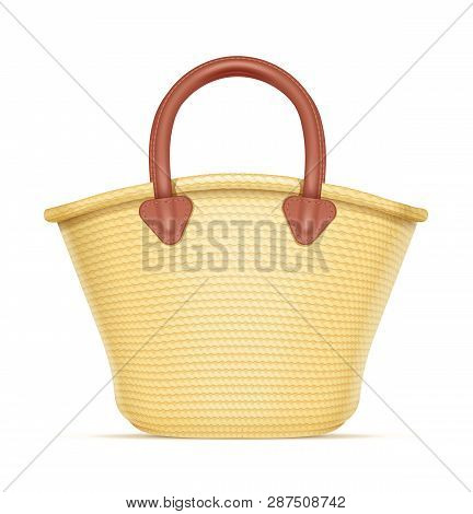 Straw Shopping Bag. Eco Wicker Basket For Products. Chaff Handbag. Isolated White Background. Eps10 