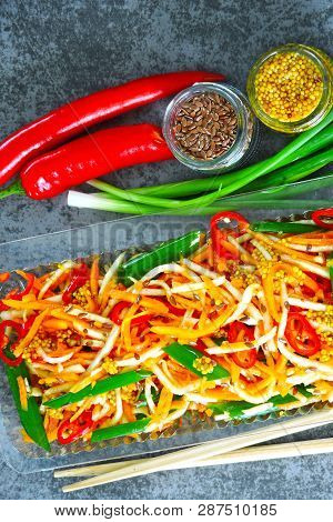 Salad From Marinated Vegetables With Green Onions In Chinese Style. Fermented Vegetables. Salad Of F