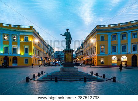 Odesa, Ukraine - March 05, 2019: Evening View On The Duke Monument