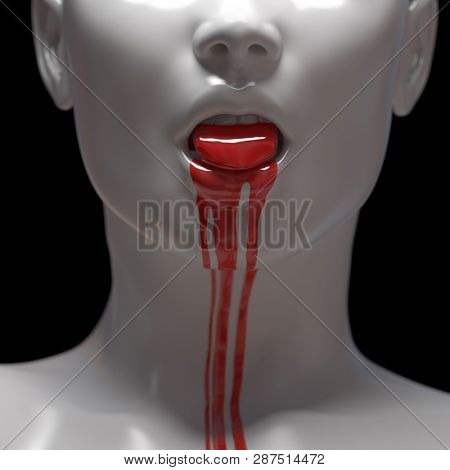 red blood flows out of the human mouth, 3d illustration