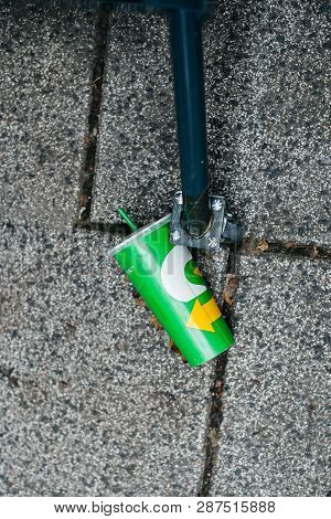 Strasbourg, France - Oct 28, 2018: Subway Paper Cup On The Stone Ground In The City - Waste On The S