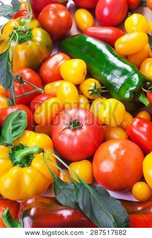 Assorted tomatoes and vegetables isolated on white background. Photo for your design