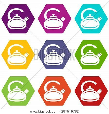 Pot Bellied Kettle Icons 9 Set Coloful Isolated On White For Web