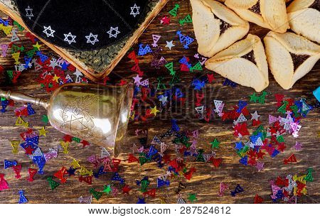 Purim Celebration Jewish Carnival Holiday Hamantaschen Cookies With Over Wooden Table And Kosher Win