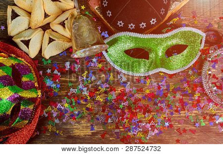 Jewish Carnival Purim Celebration On Wood Background View From Above Hamantaschen Homemade Cookie