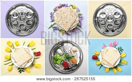Collage Of Symbolic Passover (pesach) Meal And Dishware On Color Background, Top View