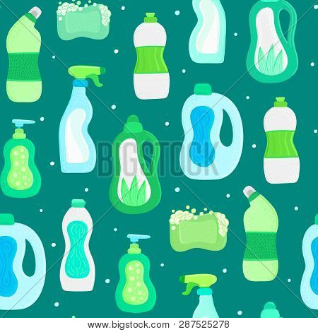 Seamless Pattern. Eco Friendly Household Cleaning Supplies. Natural Detergents. Products For House W