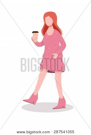 Young Woman Walking. Flat Girl Drinks Coffee