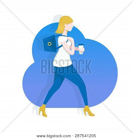 Young Woman Walking. Flat Girl Drinks Coffee