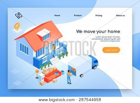 House Moving Service, Delivery Company Isometric Vector Web Banner Or Landing Page With Woman Standi