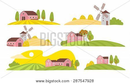 Vector Collection Of Cozy Farm Landscape View: House, Garden, Trees, Field, Haystack, Windmill Isola