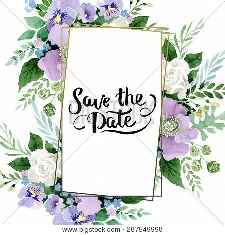 Violet Bouquet Floral Botanical Flowers. Watercolor Background Illustration Set. Frame Border Crysta