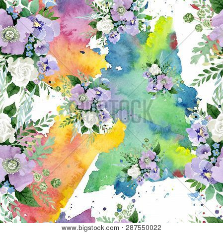 Violet Bouquet Floral Botanical Flowers. Watercolor Background Illustration Set. Seamless Background