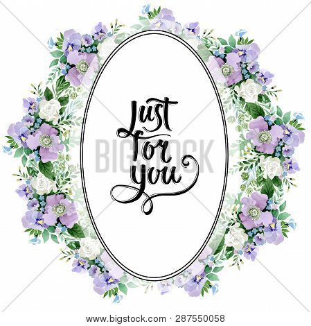 Violet Bouquet Floral Botanical Flowers. Watercolor Background Illustration Set. Frame Border Orname