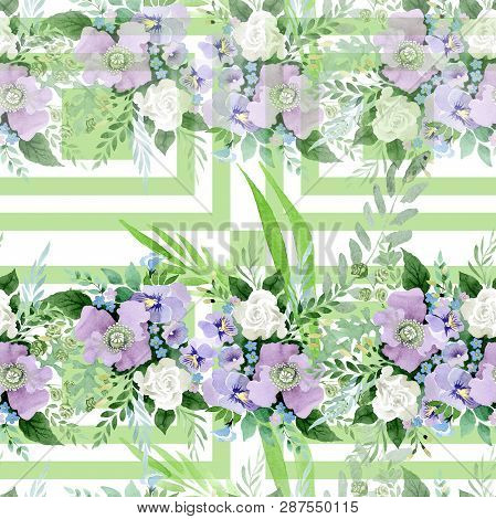 Violet Bouquet Floral Botanical Flowers. Watercolor Background Illustration Set. Seamless Background