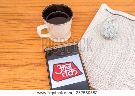 Kolkata, India, February 3, 2019: Aaj Tak Hindi News App (application) Visible On Mobile Phone Scree