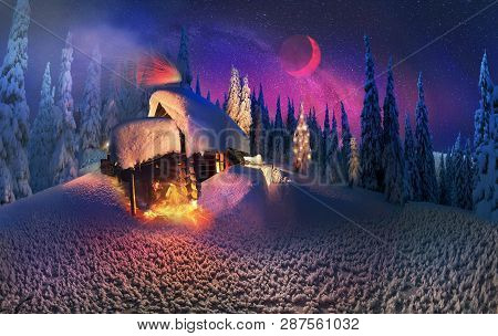Climbing To Tourist Wild Alpine Mountain To An Abandoned Cabin-in Order To Illuminate The Snow-cover