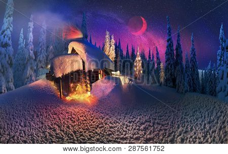Climbing To Tourist Wild Alpine Mountain To An Abandoned Cabin-in Order To Illuminate The Snow-cover