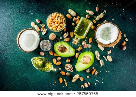 Healthy Vegan Fat Food Sources, Omega3, Omega6 Ingredients - Almond, Pecan, Hazelnuts, Walnuts, Oliv