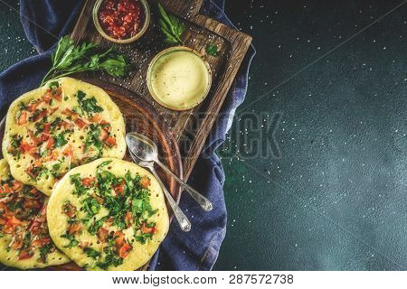 Indian Traditional Food Recipes, Uttapam Oats Or Semolina Pancakes With Fresh Vegetables And Herbs, 