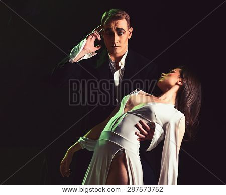 Lose Control Of Your Emotions. Couple In Love With Mime Makeup. Mime Man And Woman Act In Romantic S