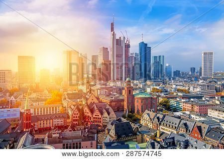 Frankfurt Am Main Financial Business District At Sunset. Panoramic Aerial View Cityscape Skyline Wit