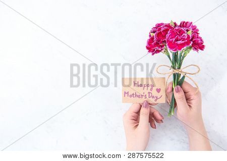 May Mothers Day Idea Concept Photography - Beautiful Blooming Carnations Tied By Rope Kraft Bow Hold