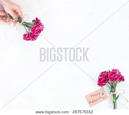 May Mothers Day Idea Concept Photography - Beautiful Blooming Carnations Tied By Rope Kraft Bow Hold