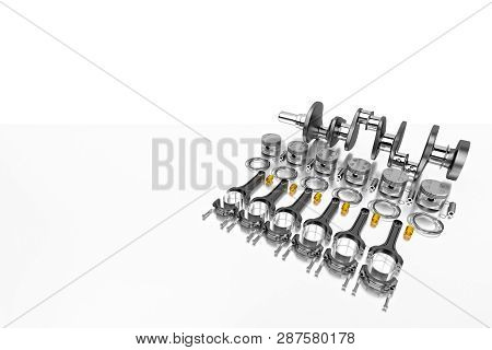 3d Rendering. Crankshaft For 6v Cylinders Engine. Truck Crankshaft On Grey Background. Engine Bearin