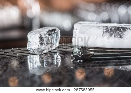 Ice Cubes At Barcounter In Night Club Or Restaurant.