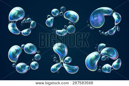 Set Of Isolated Soap Or Shampoo Realistic Bubbles, Rainbow Color Water 3d Drops. Liquid Spheres With
