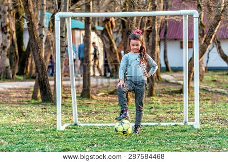 Krasnodar, Russia - March 8, 2017: Young Caucasian Goalkeeper Girl With Flushed Face Posing By Outdo
