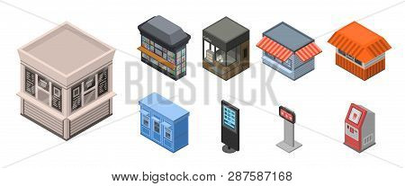 Street Shop Kiosk Icon Set. Isometric Set Of Street Shop Kiosk Icons For Web Design Isolated On Whit