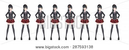 Anime Manga Girl, Cartoon Character In Japanese Style. Student Girl In A Black Blazer, A Red Skirt I