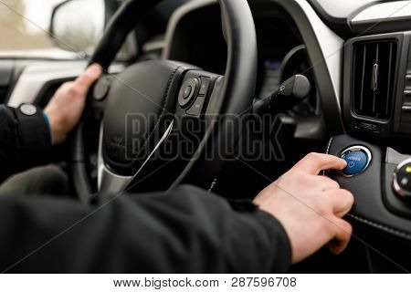 Car Driver Starting The Engine Start, Stop Engine Button.