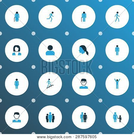 Person Icons Colored Set With Female, Businessman, Running And Other Oldster Elements. Isolated  Ill