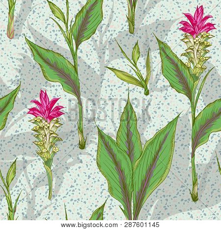 Colorful Seamless Pattern With Hand Drawn Of Turmeric Leaves, Flowers And Shadow Silhouette On Terra